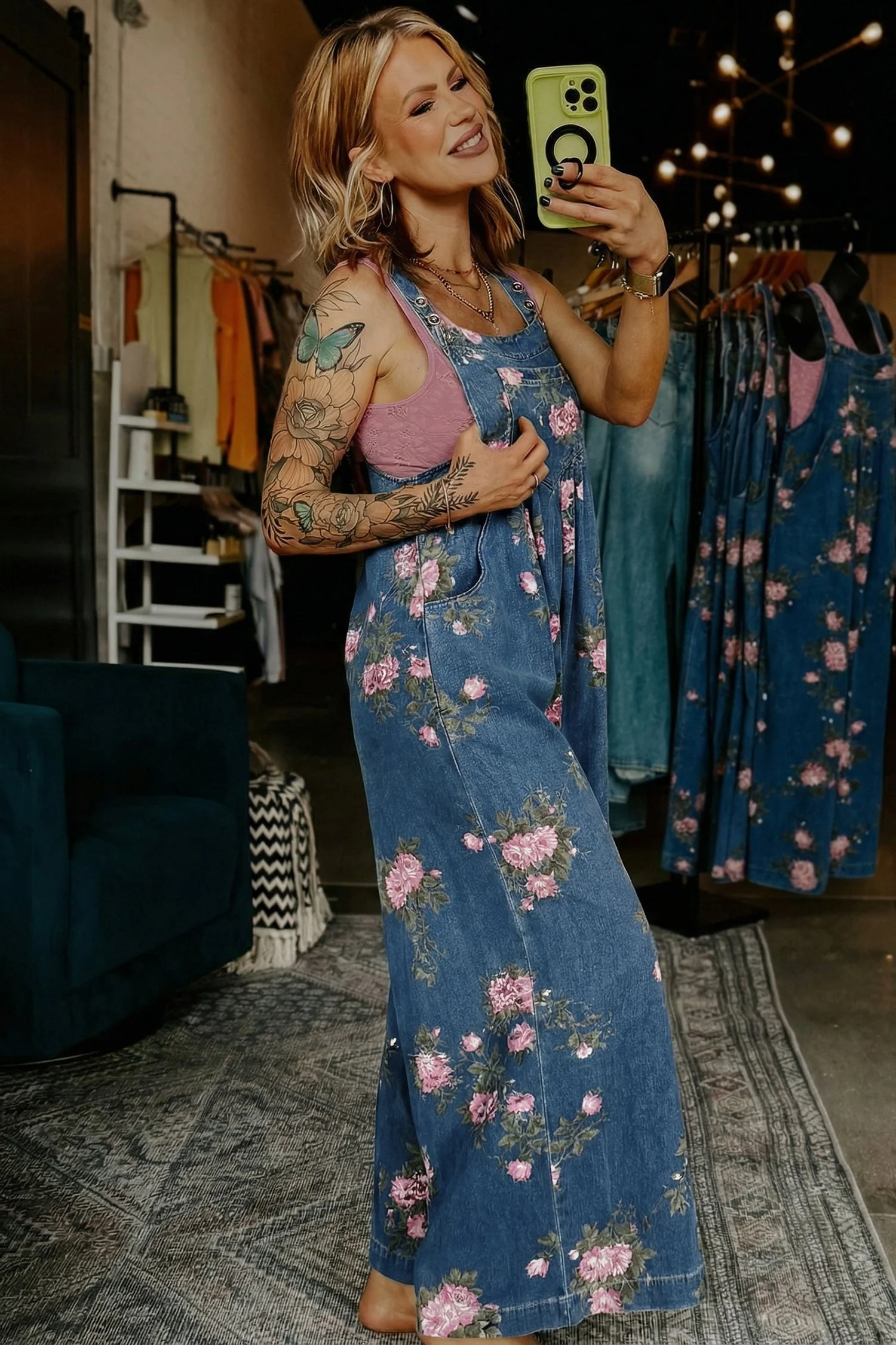 Beau Blue Floral Print Pleated High Waist Wide Leg Denim Jumpsuit - Image 12
