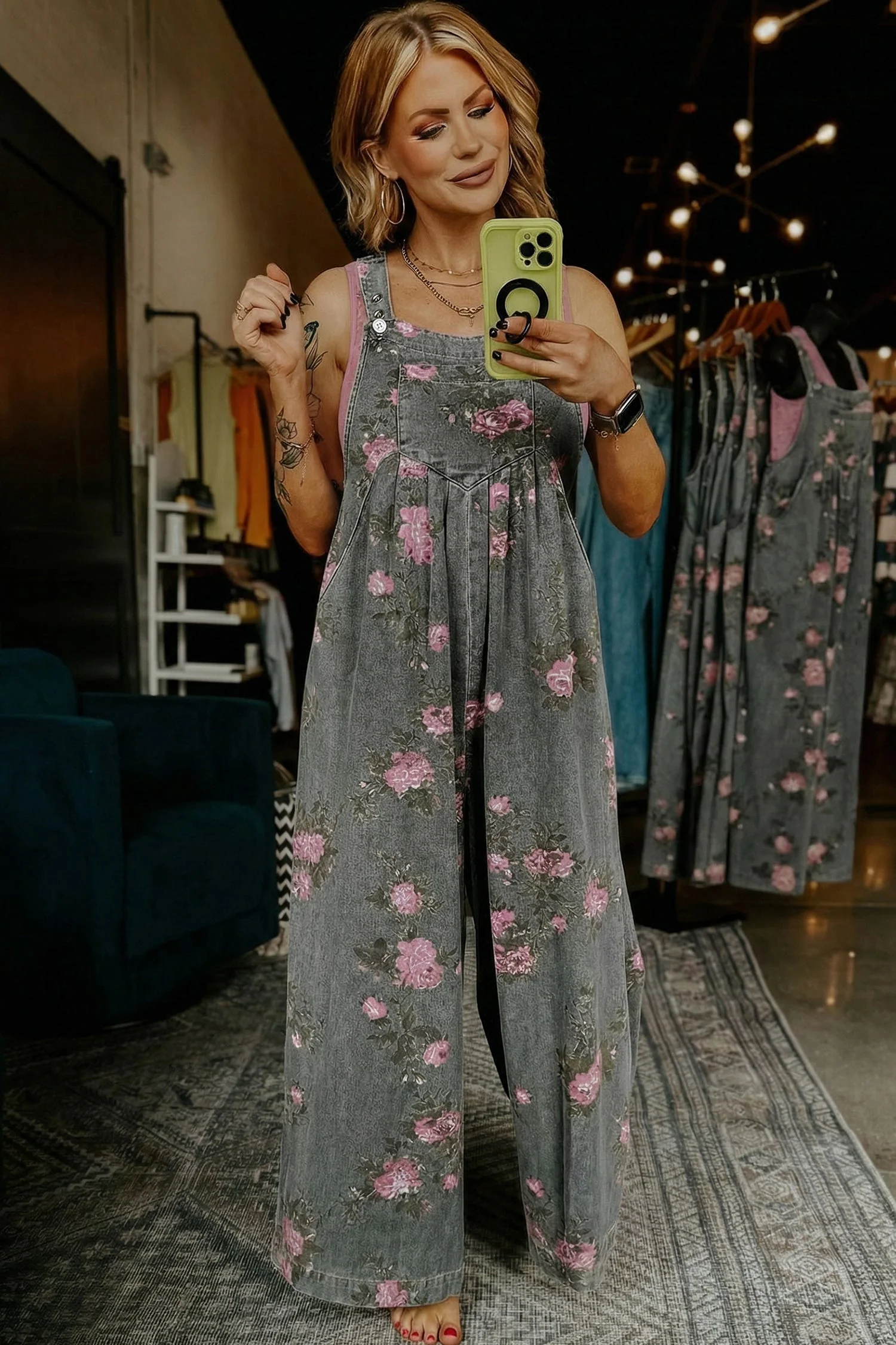 Beau Blue Floral Print Pleated High Waist Wide Leg Denim Jumpsuit - Image 14
