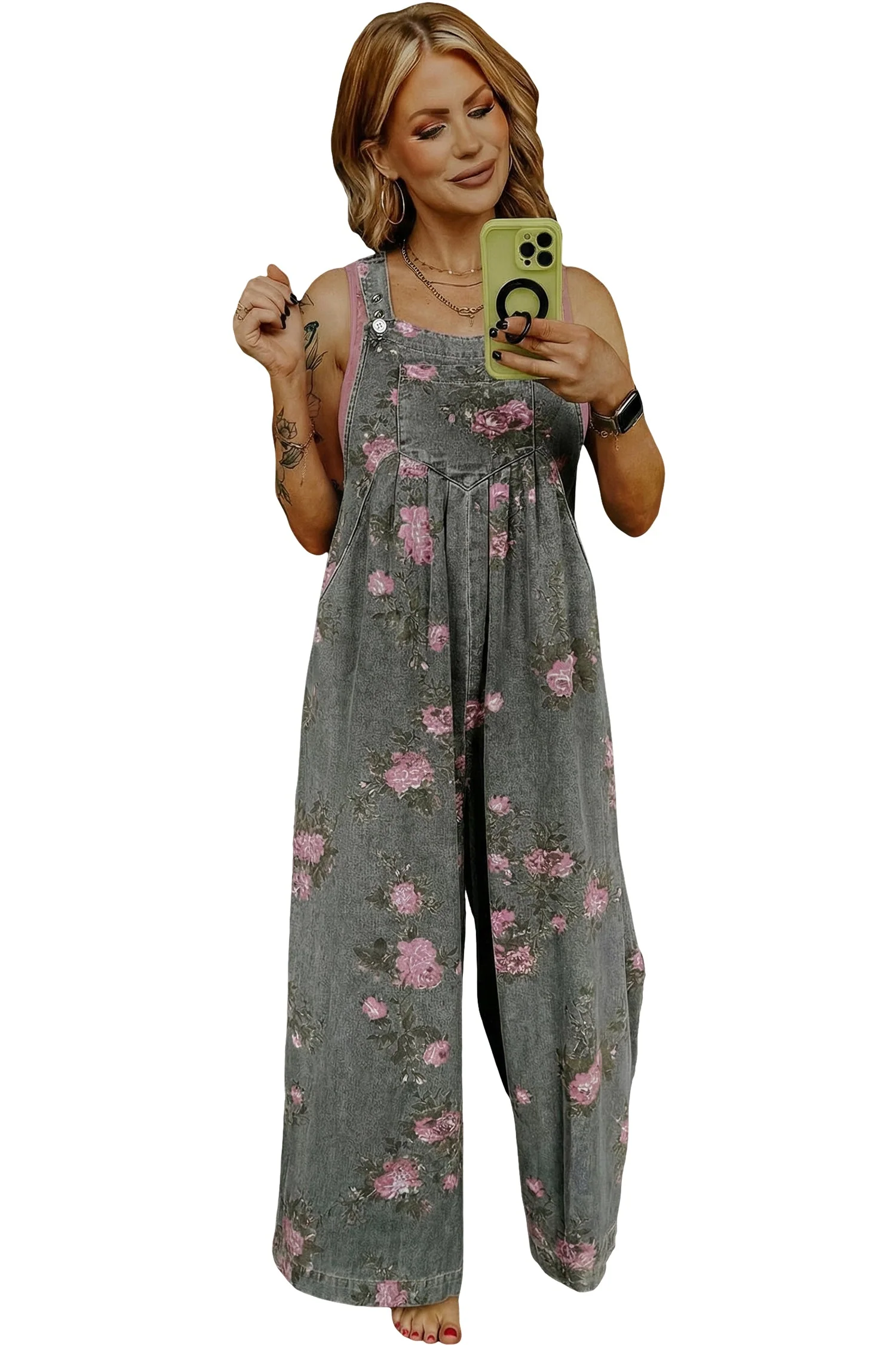 Beau Blue Floral Print Pleated High Waist Wide Leg Denim Jumpsuit - Image 15