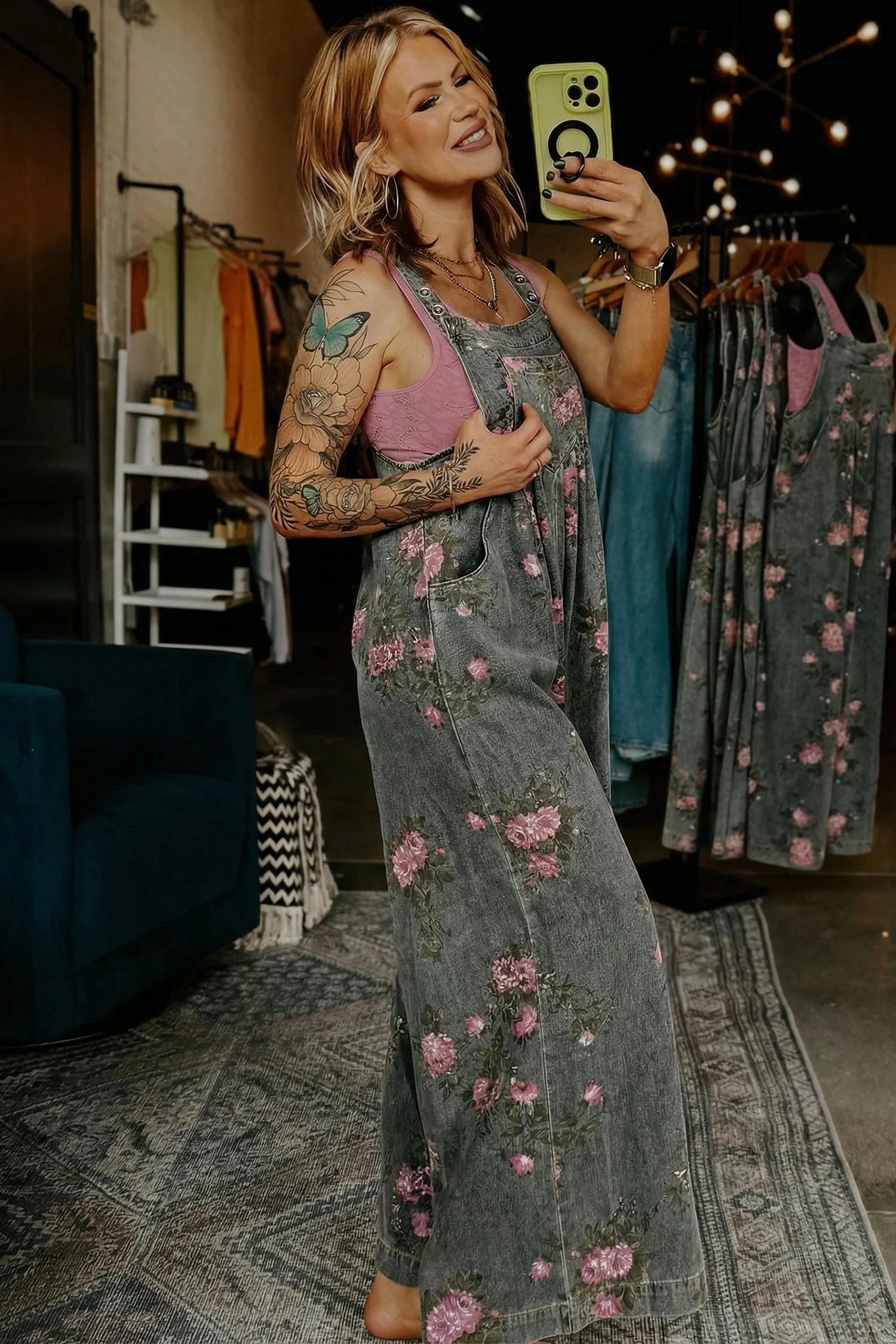 Beau Blue Floral Print Pleated High Waist Wide Leg Denim Jumpsuit - Image 16
