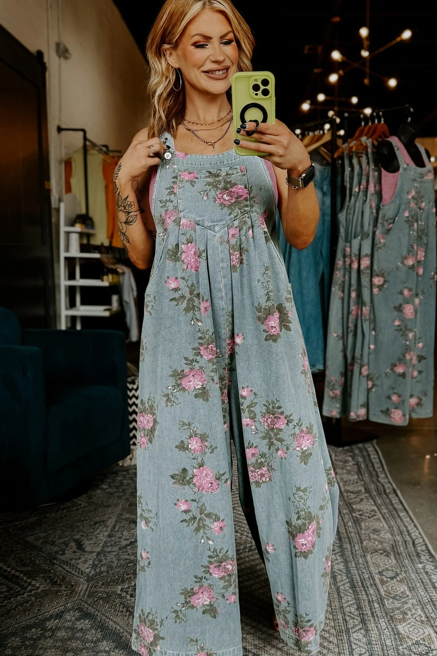 Beau Blue Floral Print Pleated High Waist Wide Leg Denim Jumpsuit - Image 4