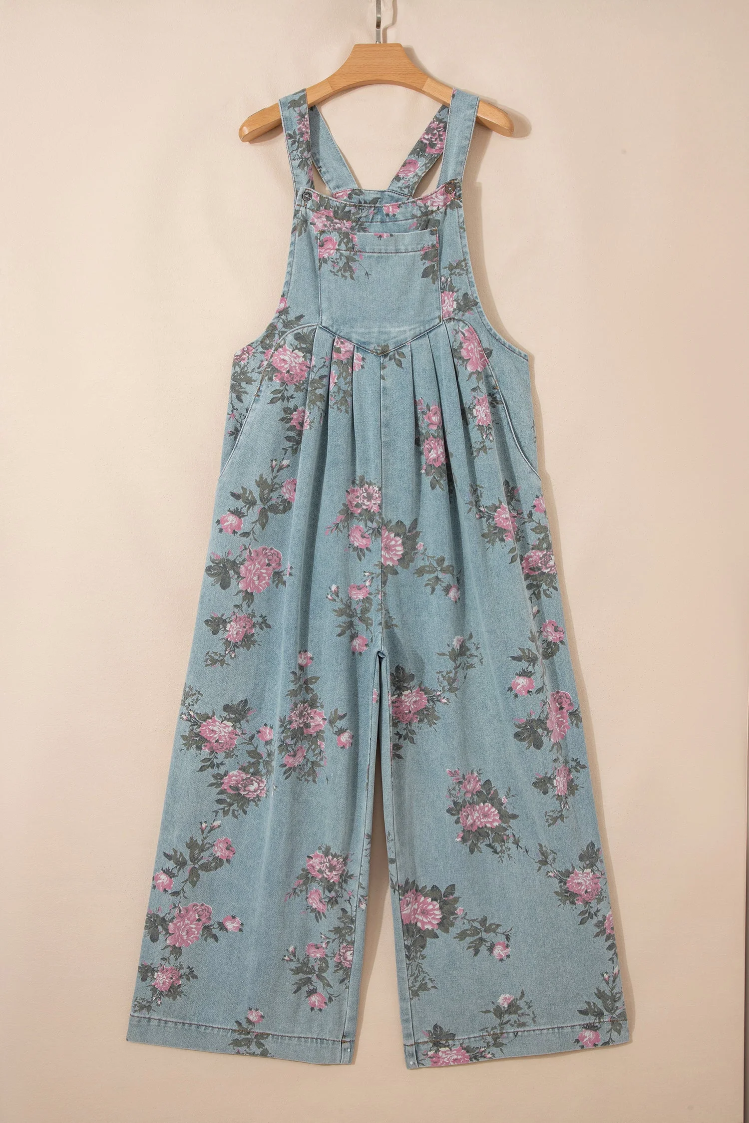 Beau Blue Floral Print Pleated High Waist Wide Leg Denim Jumpsuit - Image 6