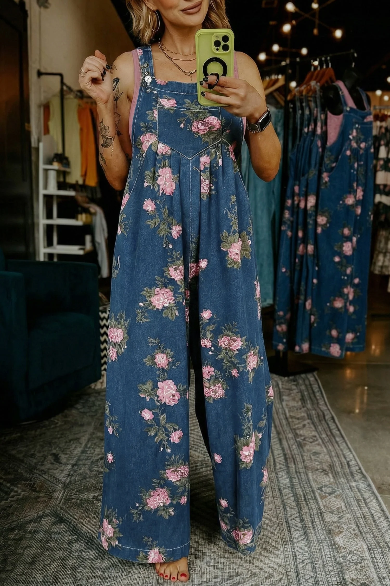 Beau Blue Floral Print Pleated High Waist Wide Leg Denim Jumpsuit - Image 9
