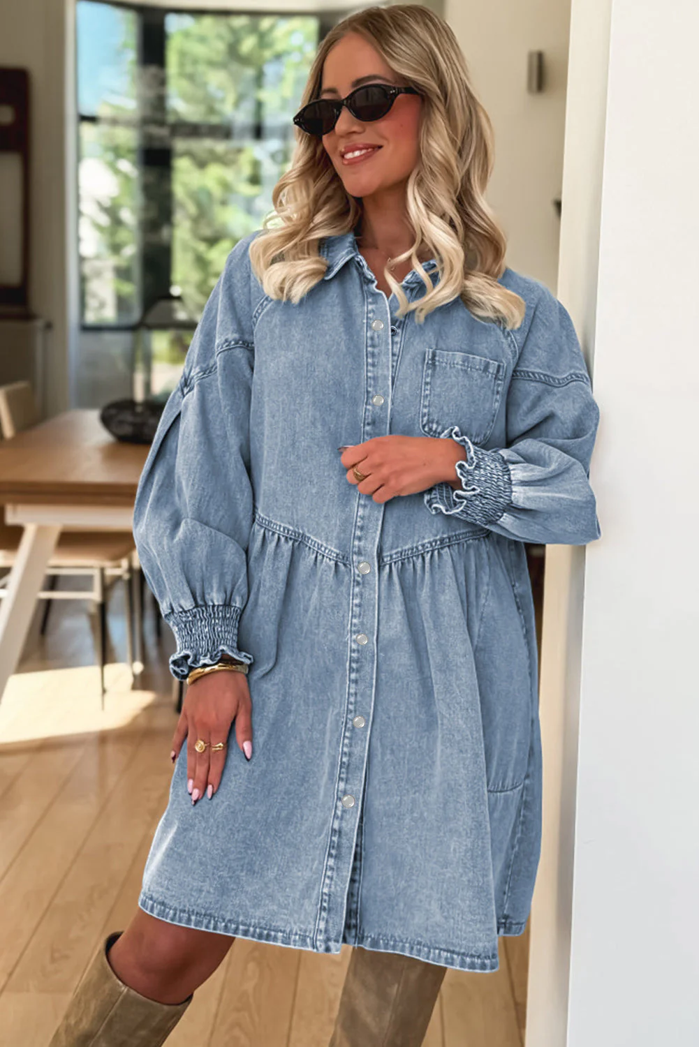 Beau Blue Smocked Cuffs Flared Denim Shirt Mini Dress - Image 3