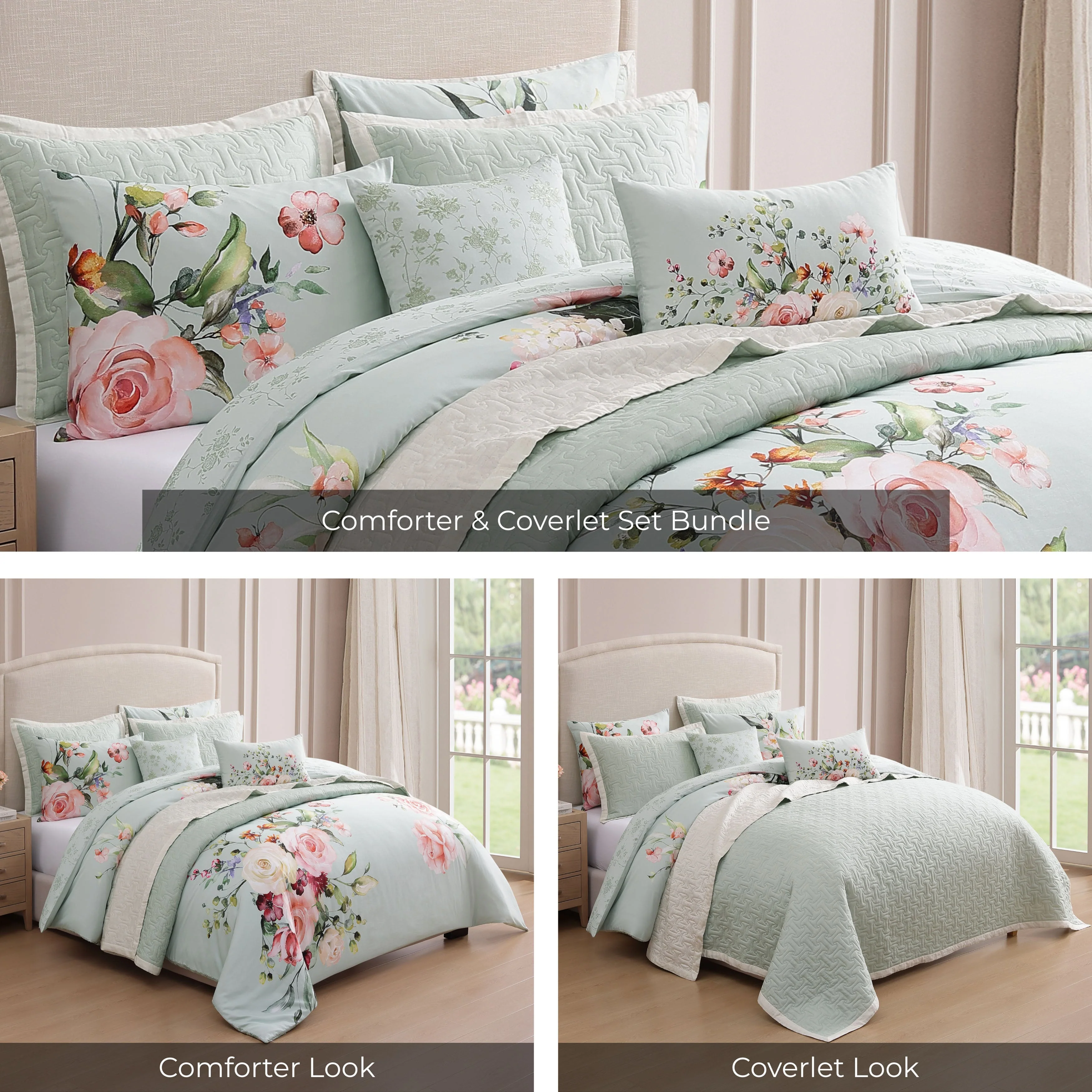 Bebejan Rose on Misty Green 8 Piece Reversible Comforter & Coverlet Set - Image 8
