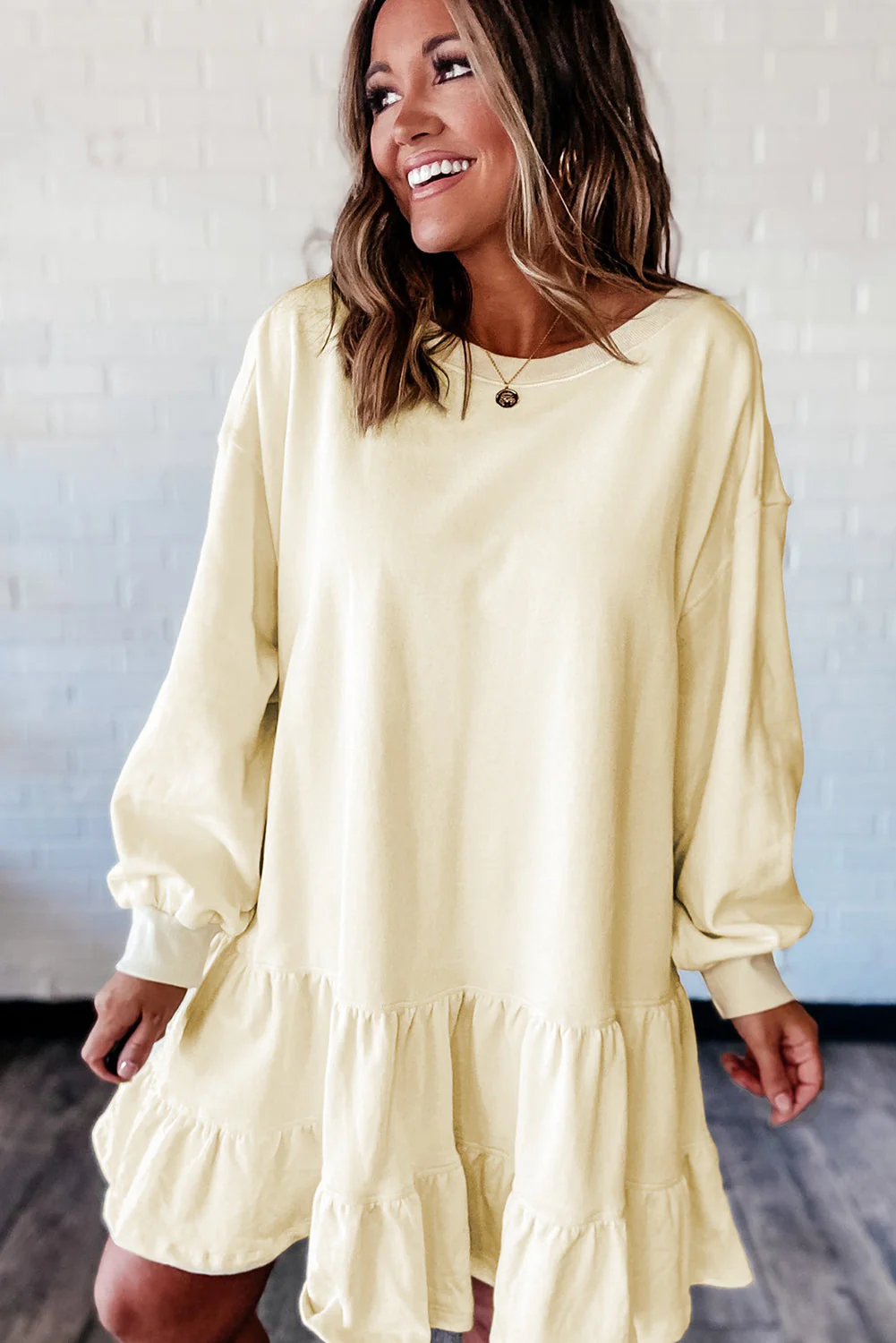 Beige Double Tiered Ruffle Hem Long Sleeve Loose Mini Dress - Image 5