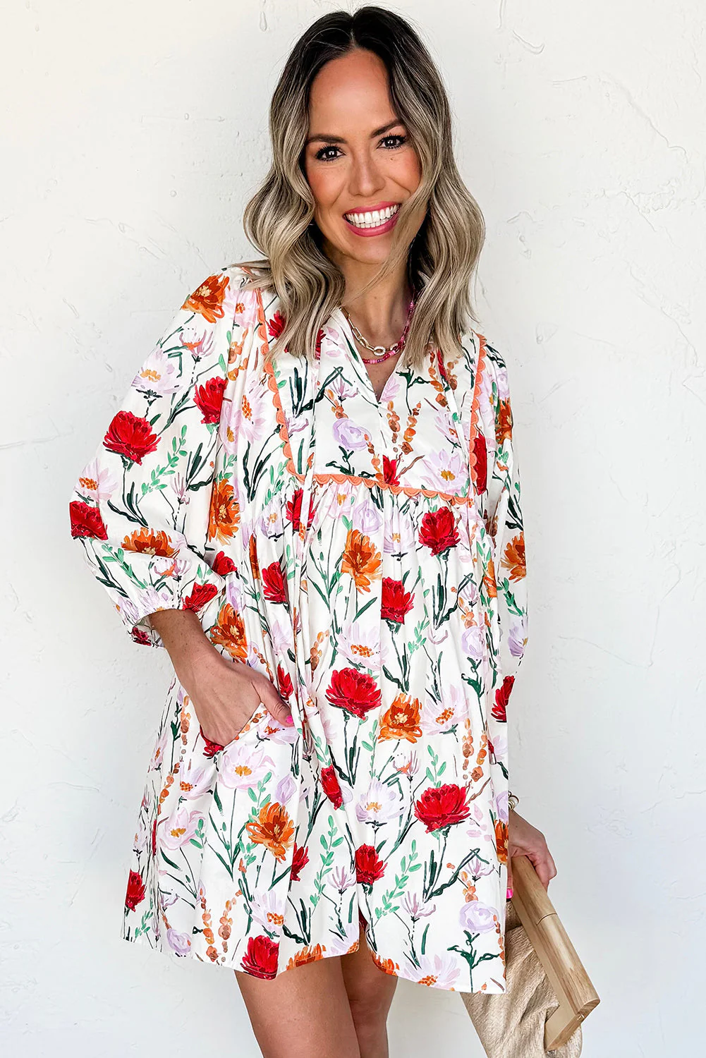 Beige Floral Print 3/4 Puff Sleeve Ricrac Trim Mini Dress - Image 4