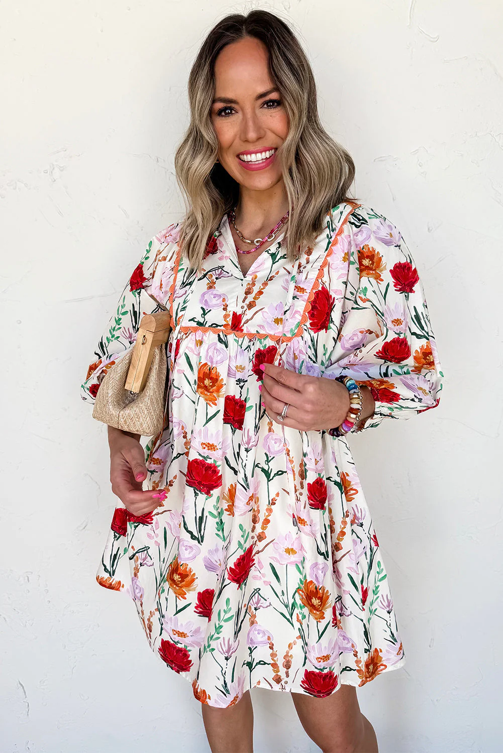 Beige Floral Print 3/4 Puff Sleeve Ricrac Trim Mini Dress - Image 5