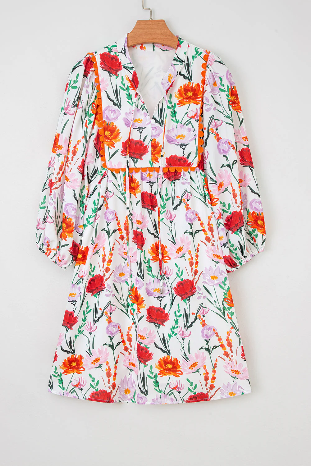 Beige Floral Print 3/4 Puff Sleeve Ricrac Trim Mini Dress - Image 7