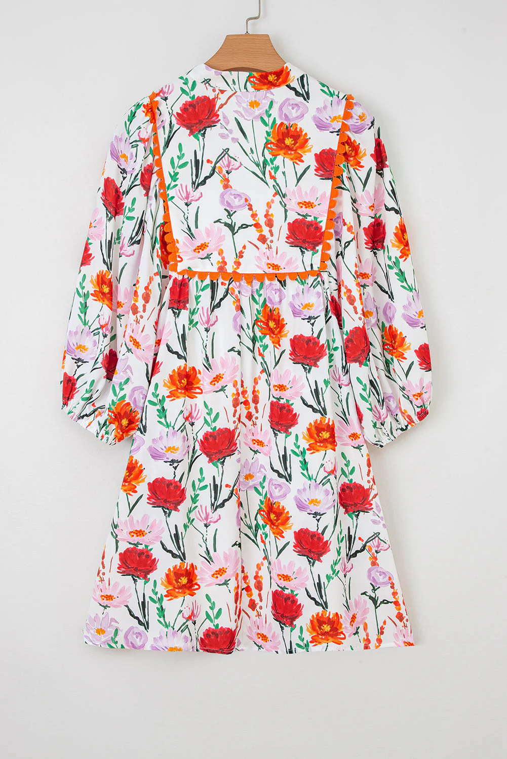 Beige Floral Print 3/4 Puff Sleeve Ricrac Trim Mini Dress - Image 8