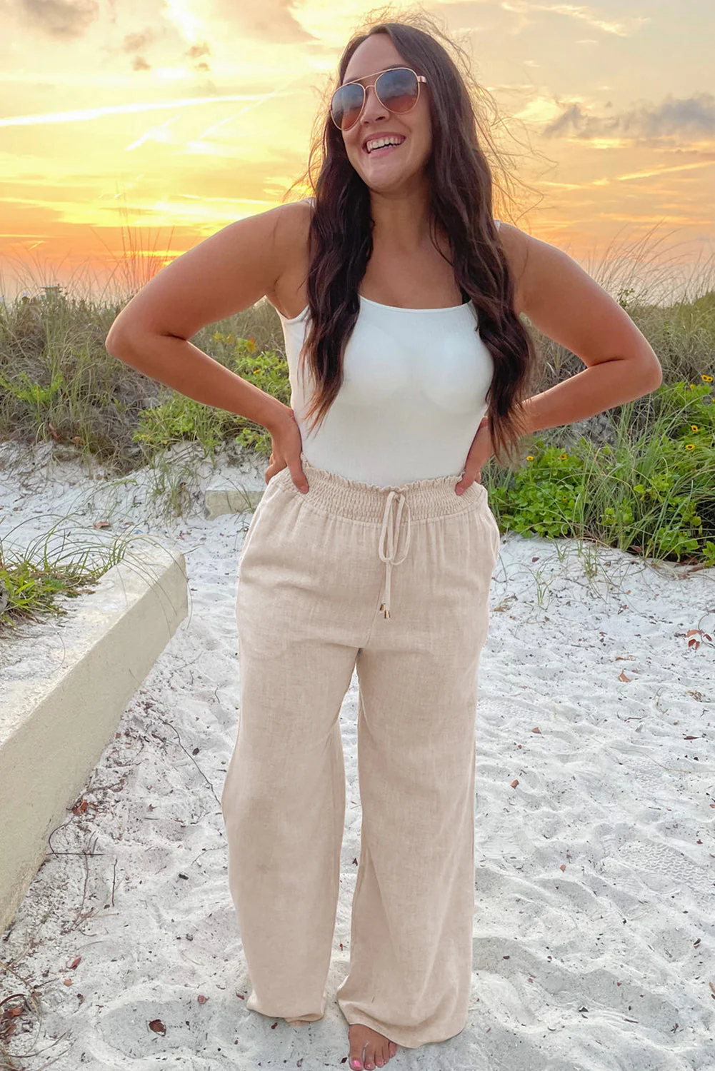 Beige Frill Smocked Waist Wide Leg Plus Size Pants - Image 5