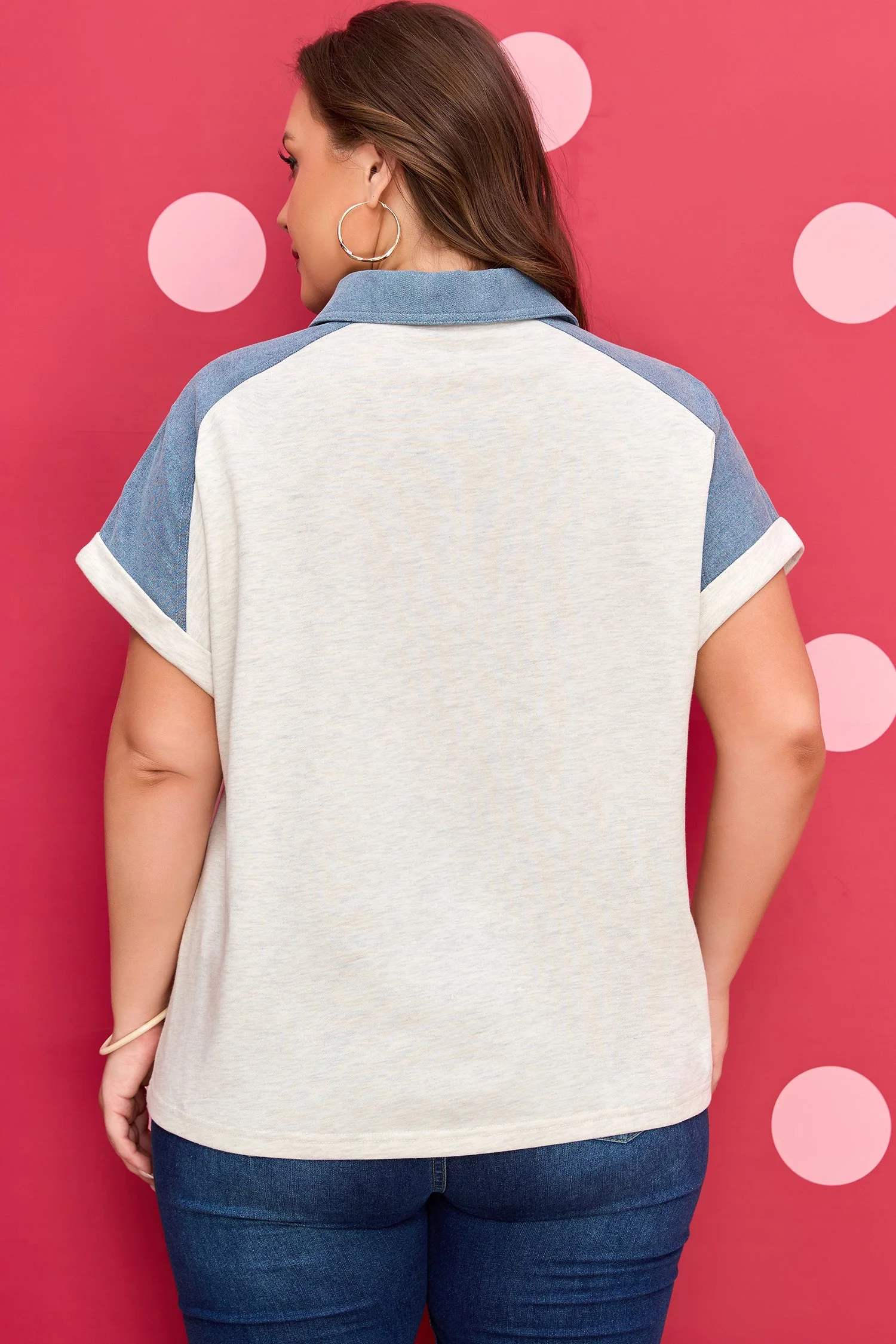 Beige Plus Size Contrast Denim Patchwork Cuffed Sleeve Polo Tee - Image 11