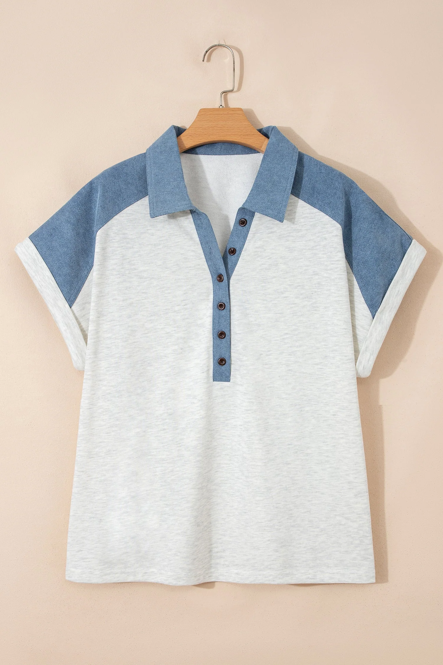 Beige Plus Size Contrast Denim Patchwork Cuffed Sleeve Polo Tee - Image 2