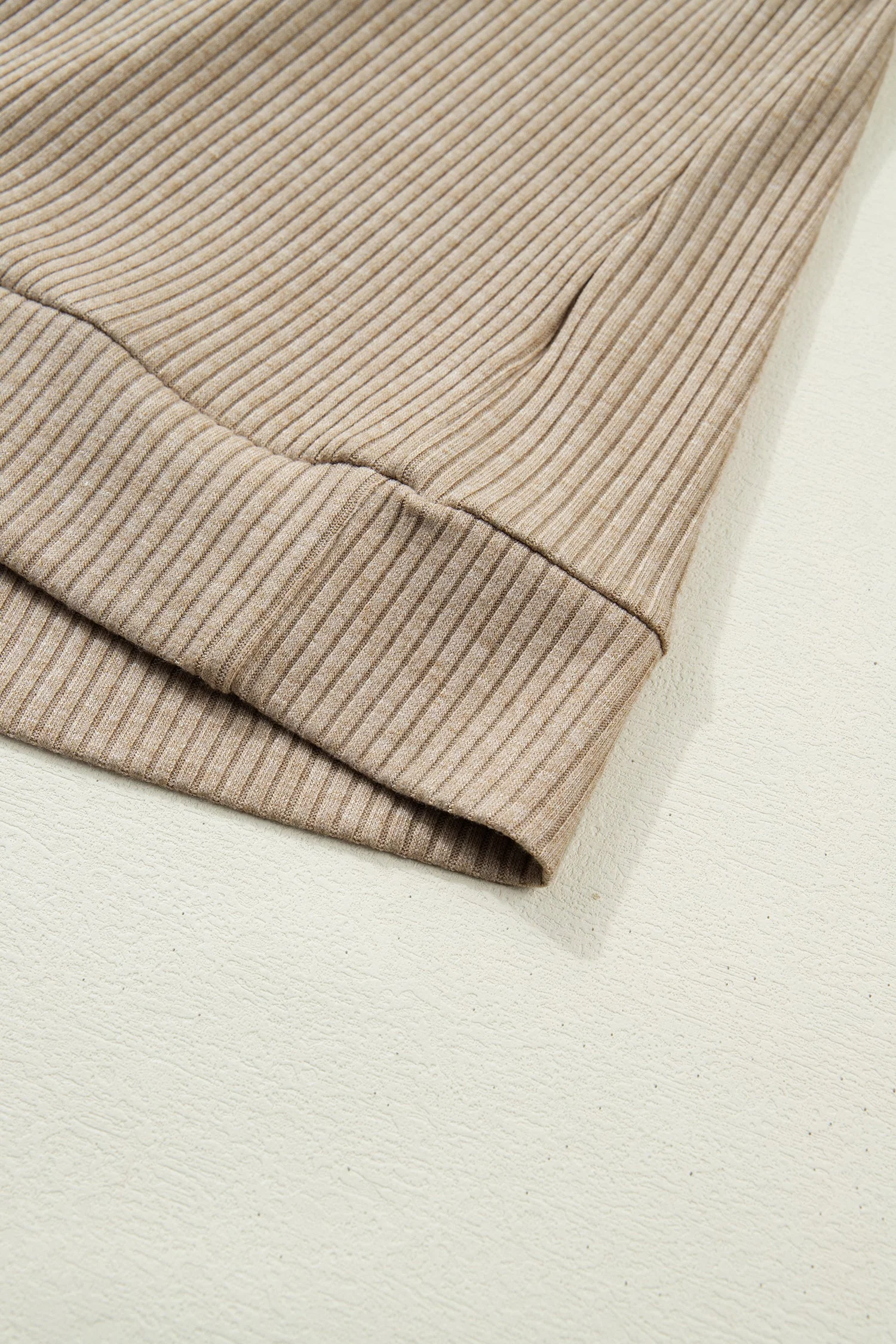 Beige Ribbed Knit Denim Patchwork Button Polo Collar Cuffed Long Sleeve Top - Image 6