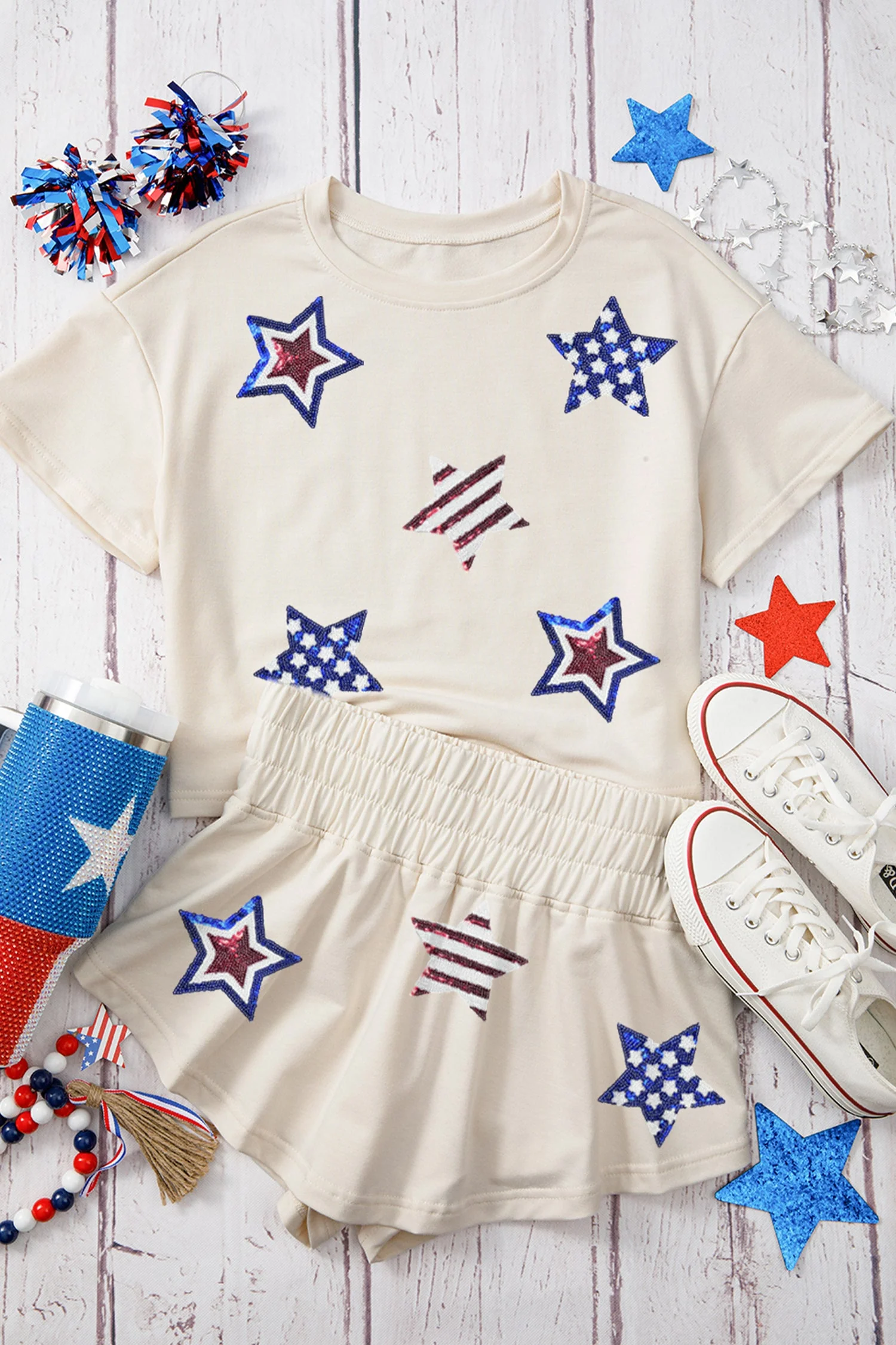 Beige Sequin Patriotic Star Cropped Tee Skort 2pcs Set - Image 2