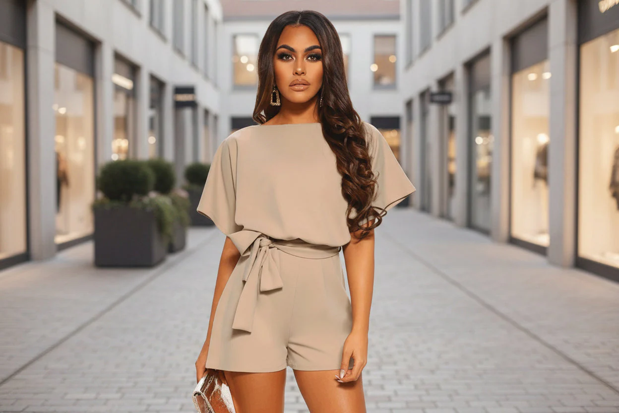 Belted Short Sleeve Silk A-Line Mini Jumpsuit – 4 Colors, S–5XL - Image 4