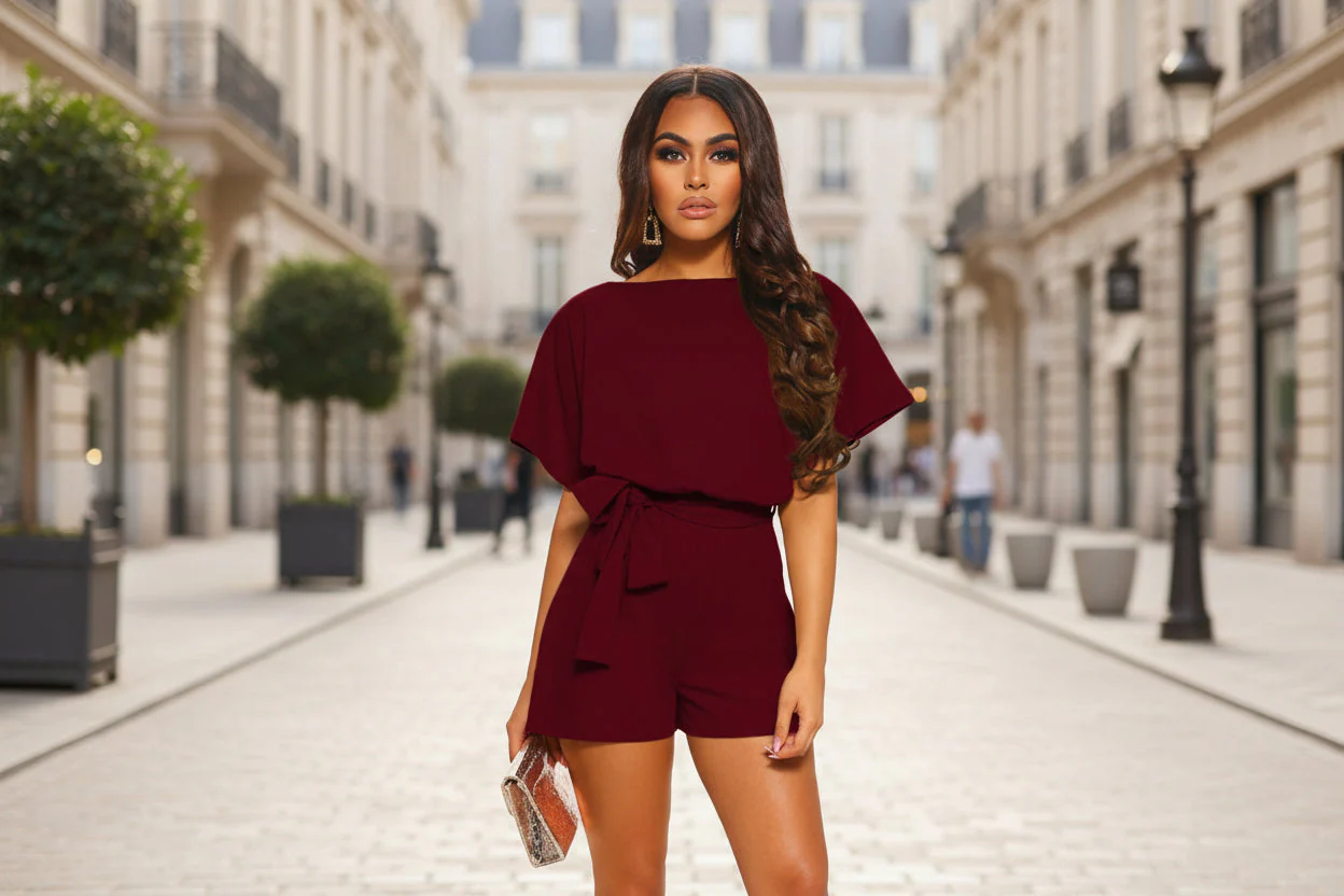 Belted Short Sleeve Silk A-Line Mini Jumpsuit – 4 Colors, S–5XL - Image 5
