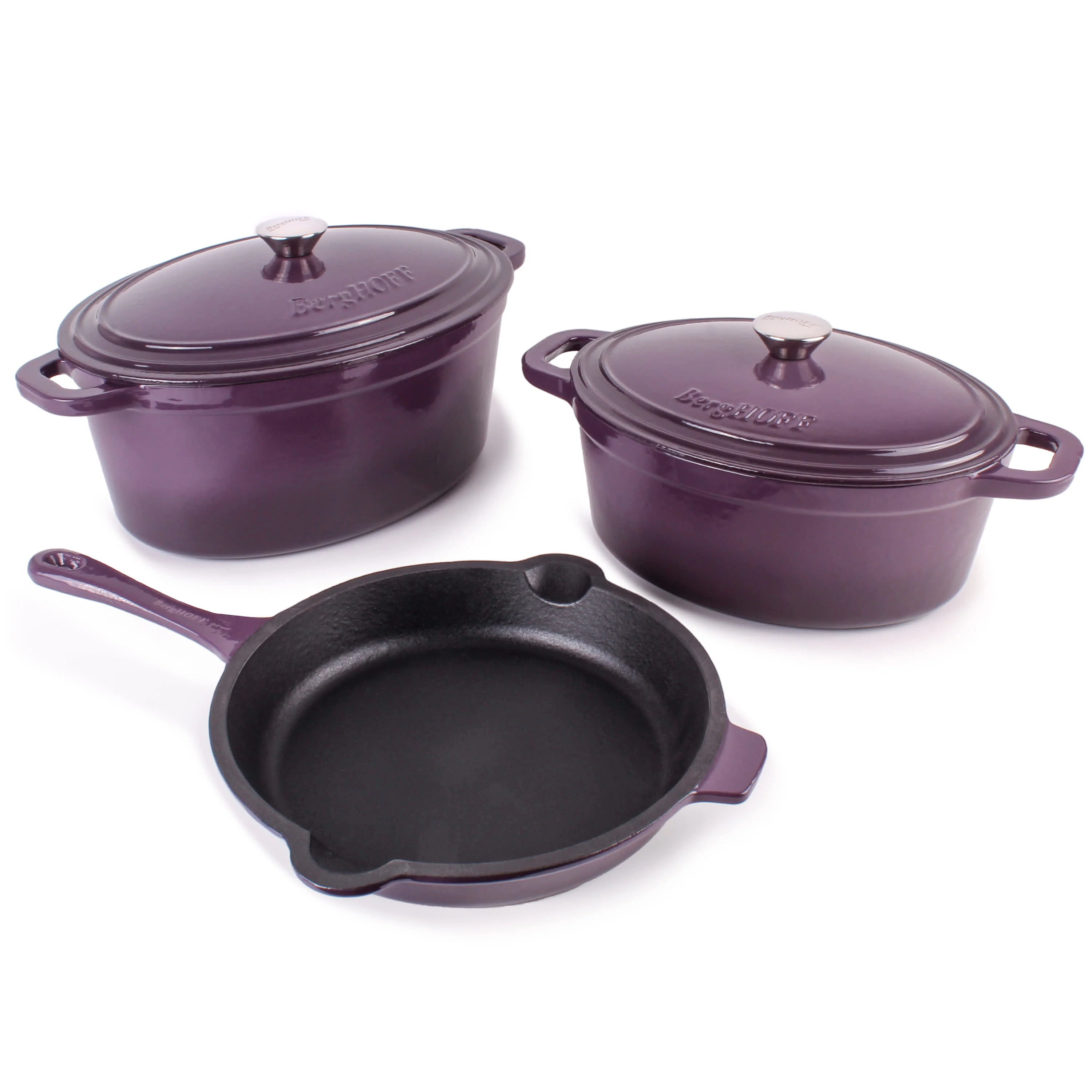 BergHOFF Neo 5pc Cast Iron Oval Dutch Oven Set with 10" Fry Pan, 5qt. & 8qt., Purple