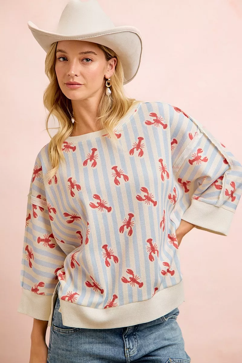 BiBi 4th Of July Lobsters Stripe Waffle Knit Sleeve Top - Image 2