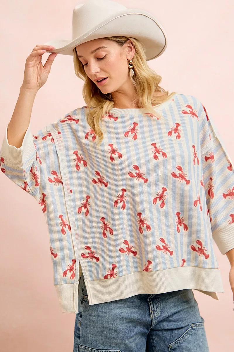 BiBi 4th Of July Lobsters Stripe Waffle Knit Sleeve Top - Image 3