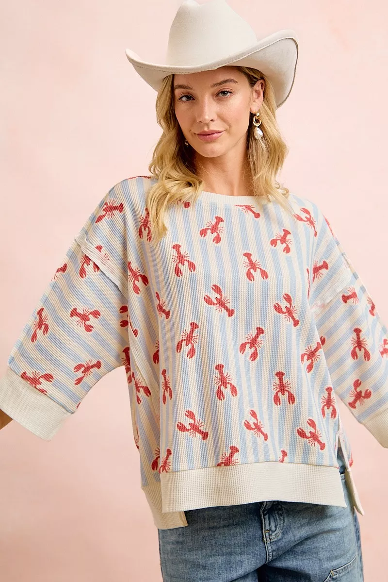BiBi 4th Of July Lobsters Stripe Waffle Knit Sleeve Top - Image 5