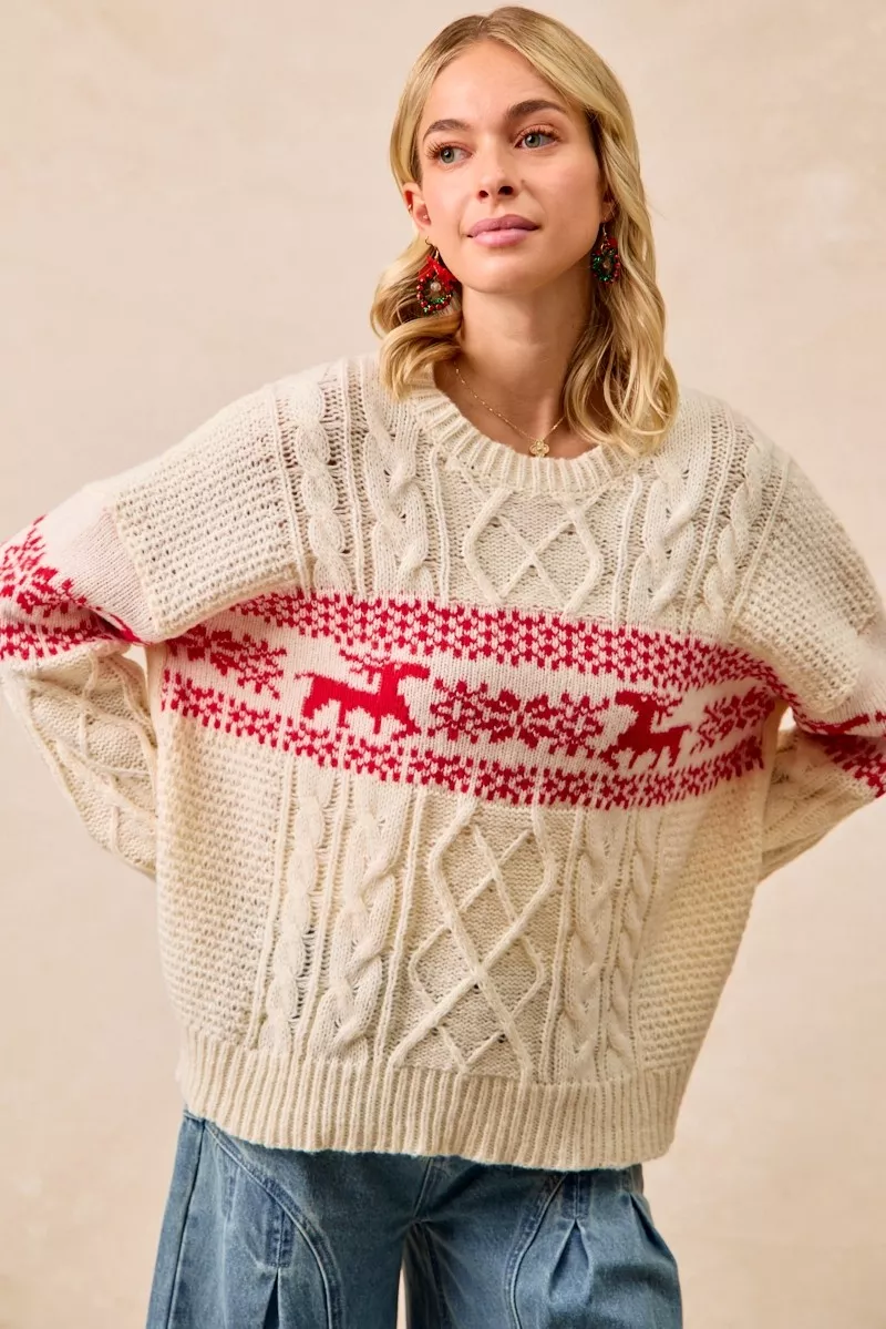 BiBi Christmas Theme Patterned Cable Knit Sweater - Image 7