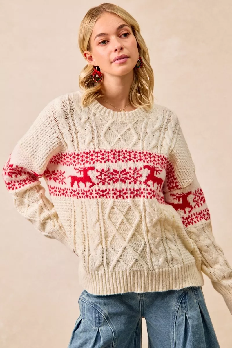 BiBi Christmas Theme Patterned Cable Knit Sweater - Image 8