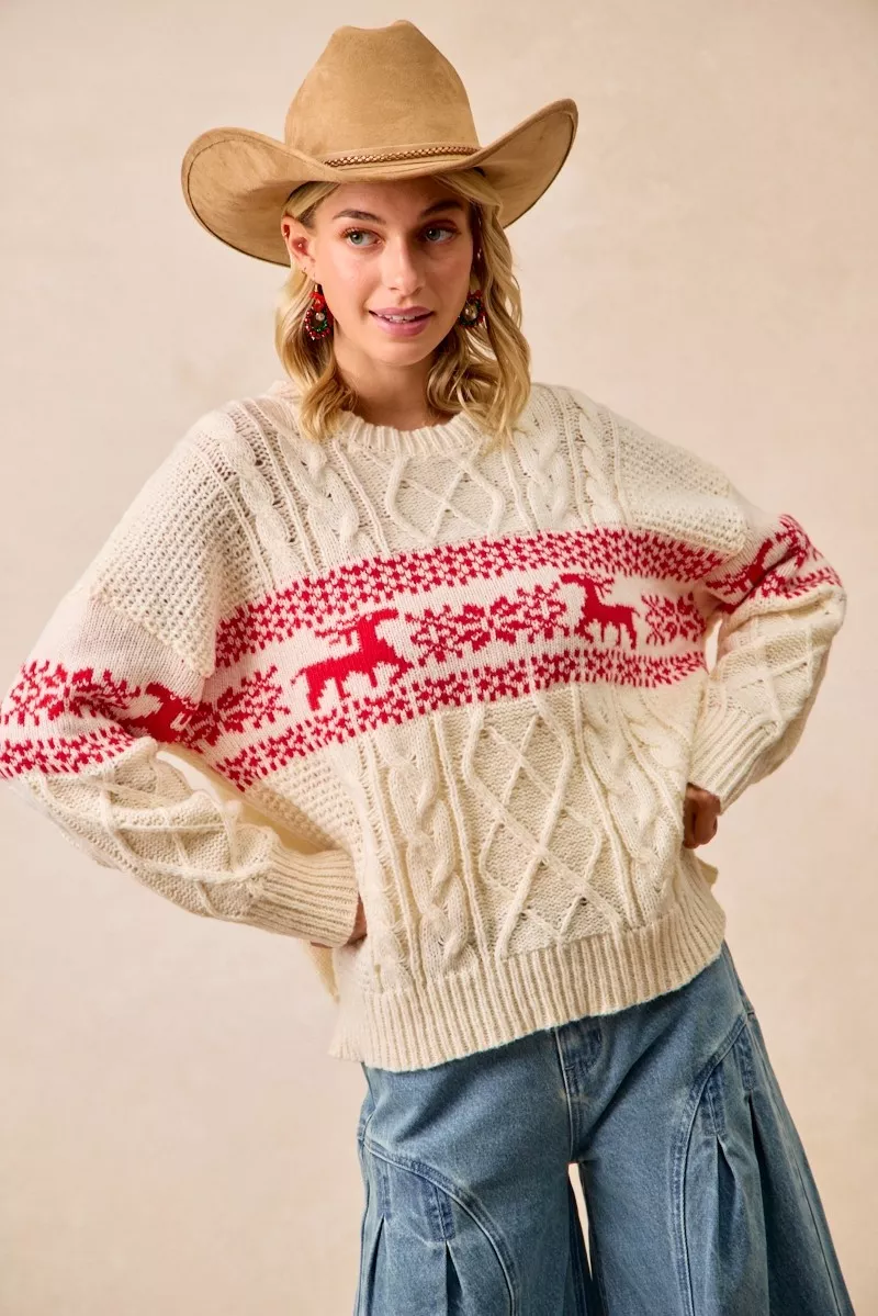 BiBi Christmas Theme Patterned Cable Knit Sweater - Image 9
