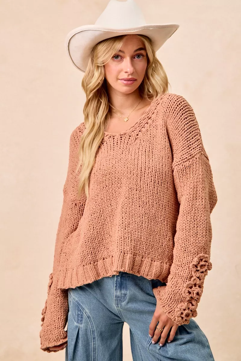 BiBi Chunky Knit Sweater with Flower Detail Sleeves - Image 14