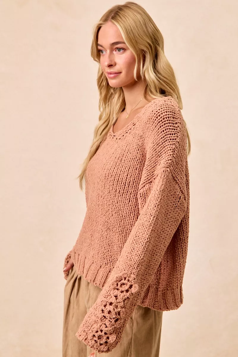 BiBi Chunky Knit Sweater with Flower Detail Sleeves - Image 9