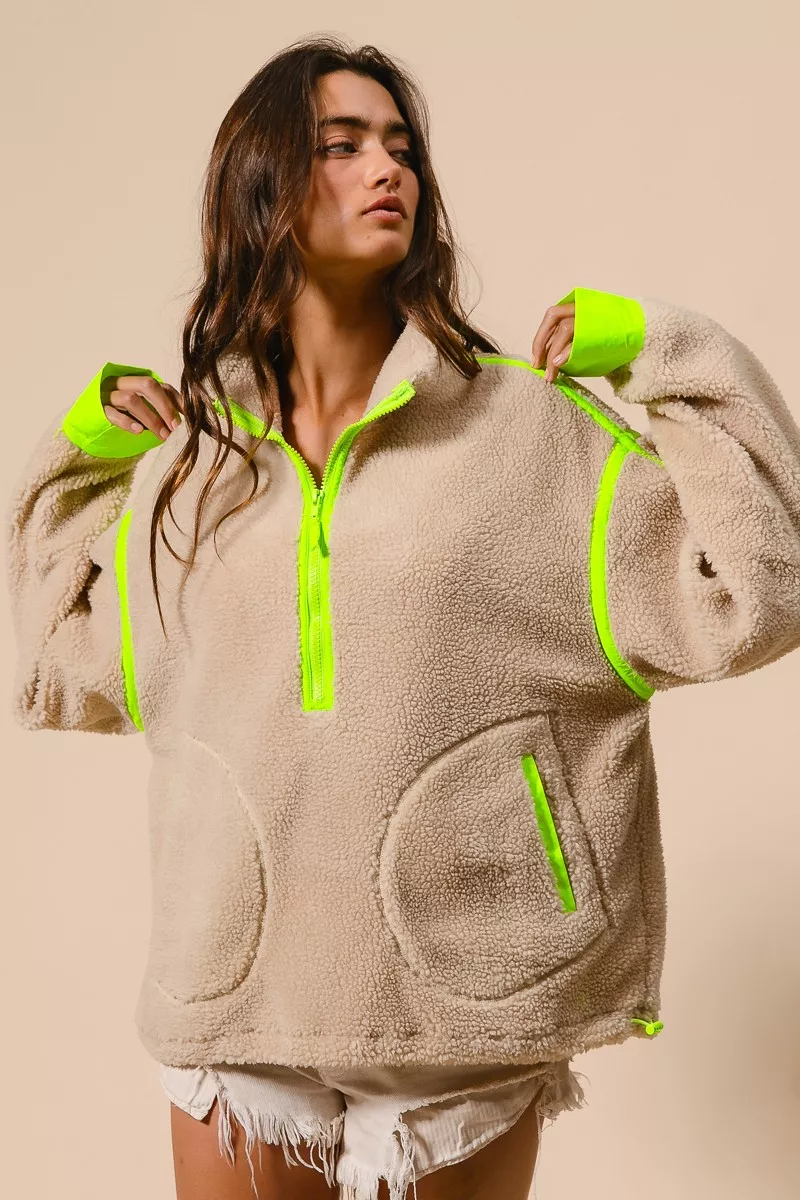 BiBi Contrast Edge Half Zip Up Sherpa Jacket - Image 6