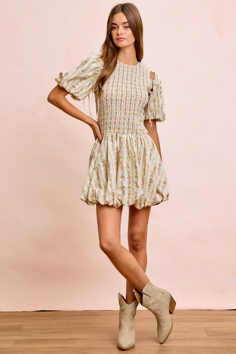 BiBi Floral Bow Tie Attachable Puff Sleeves Dress - Image 10