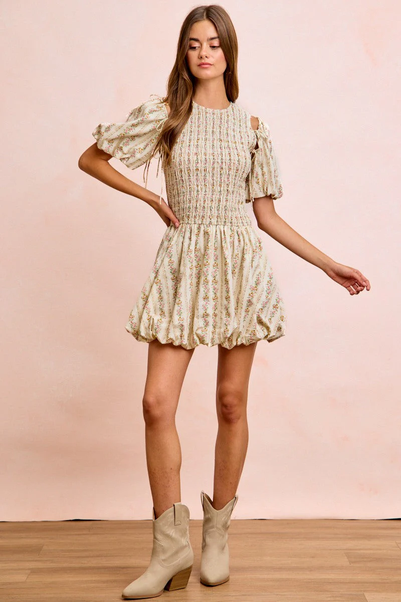 BiBi Floral Bow Tie Attachable Puff Sleeves Dress - Image 9