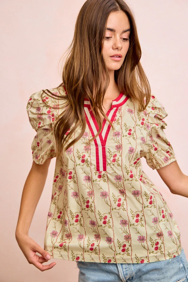 BiBi Floral Gather Sleeves Contrast Neckband Blouse Top - Image 4