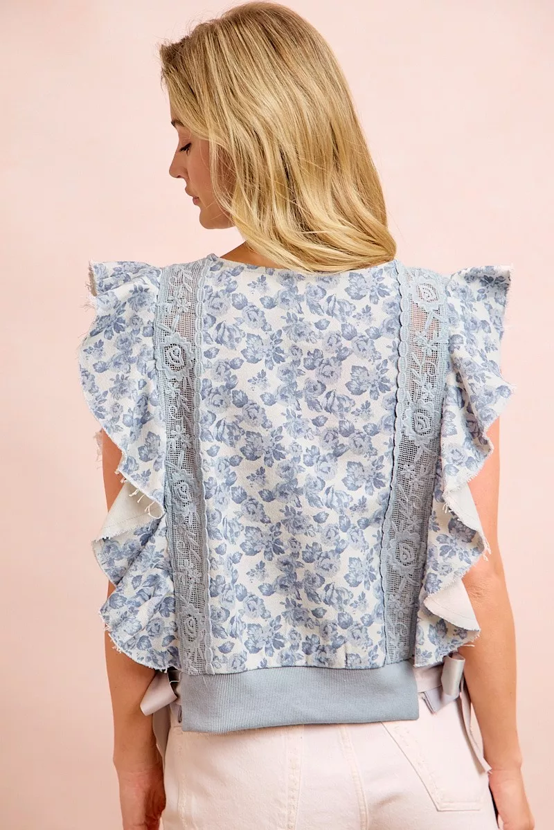 BiBi Floral Printed Twill Lace Trim Detail Side Bow Tied Top - Image 5
