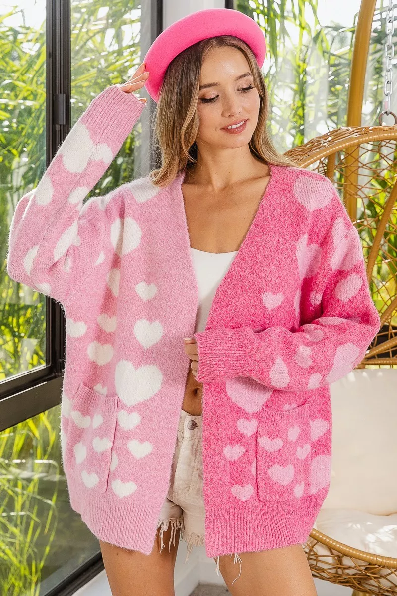BiBi Heart Color Block V-Beck Knit Cardigan with Pockets - Image 4