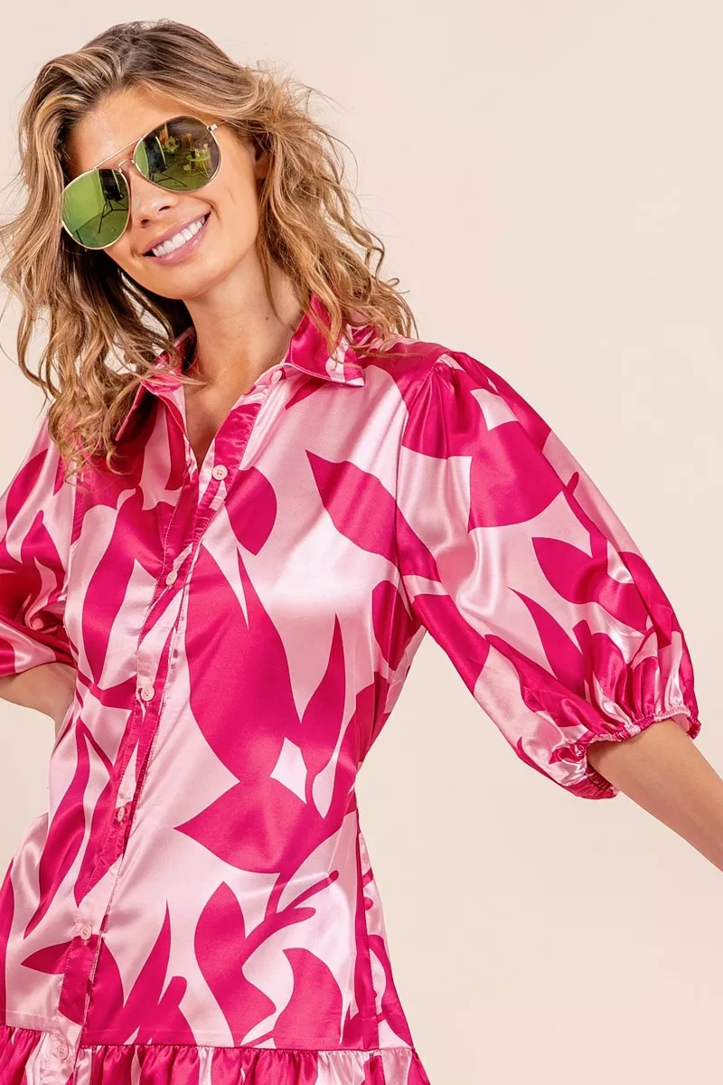 BiBi Leaf Pattern Collared Satin Dress - Image 5