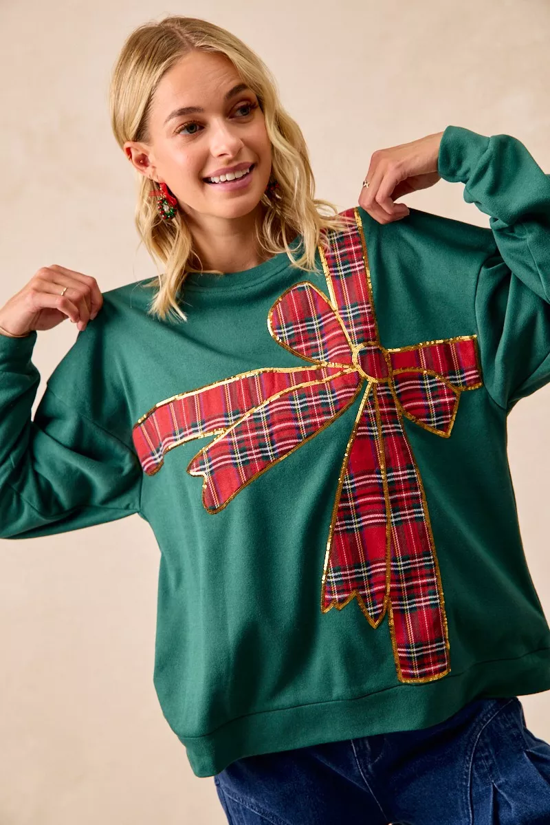 BiBi Plaid Ribbon Bow Detail Christmas Fleece Pullover - Image 3