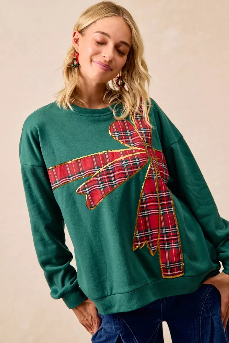 BiBi Plaid Ribbon Bow Detail Christmas Fleece Pullover - Image 4