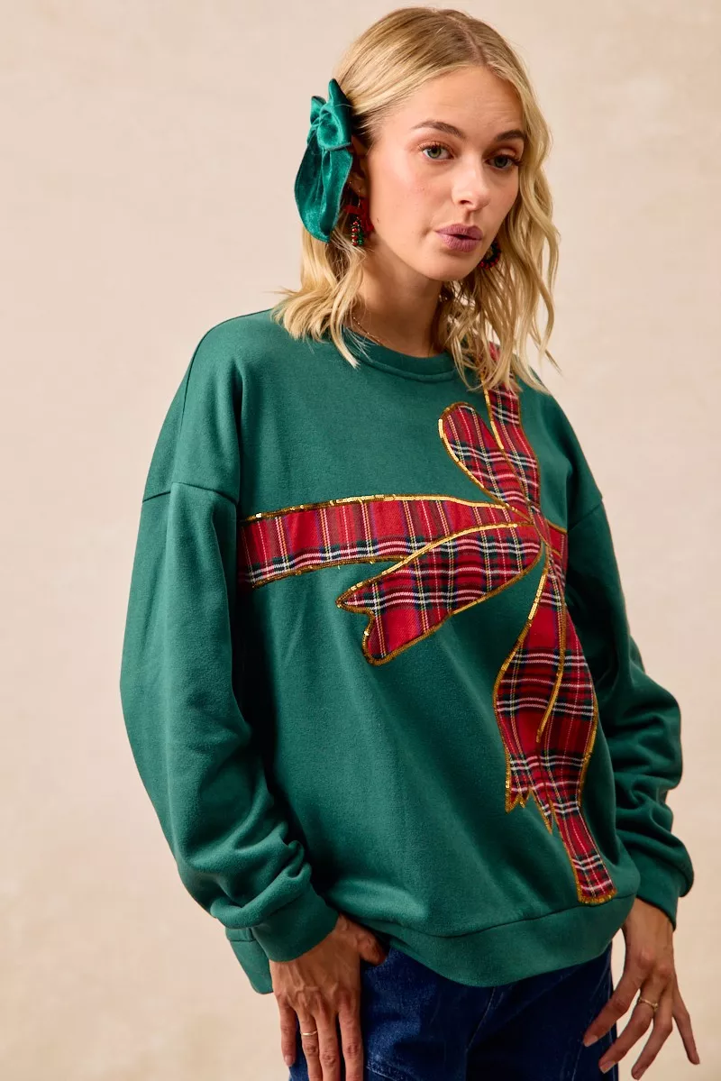BiBi Plaid Ribbon Bow Detail Christmas Fleece Pullover - Image 5