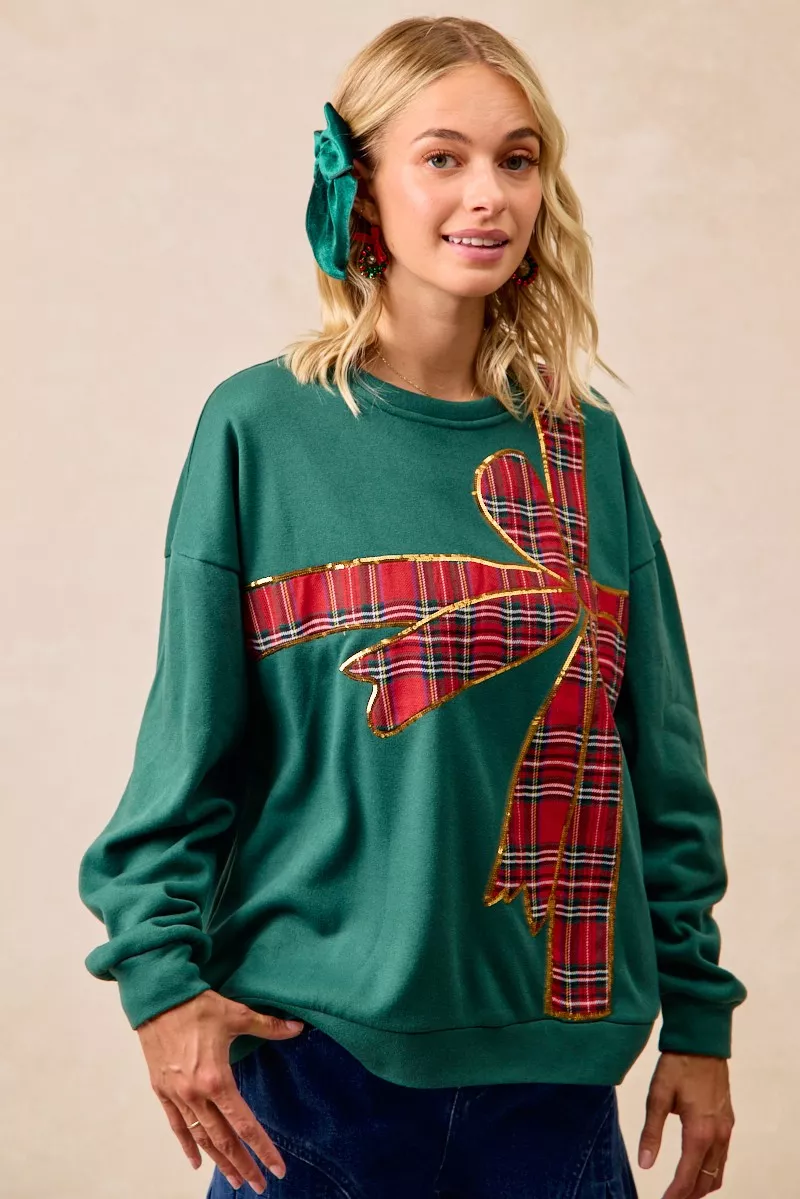 BiBi Plaid Ribbon Bow Detail Christmas Fleece Pullover - Image 7