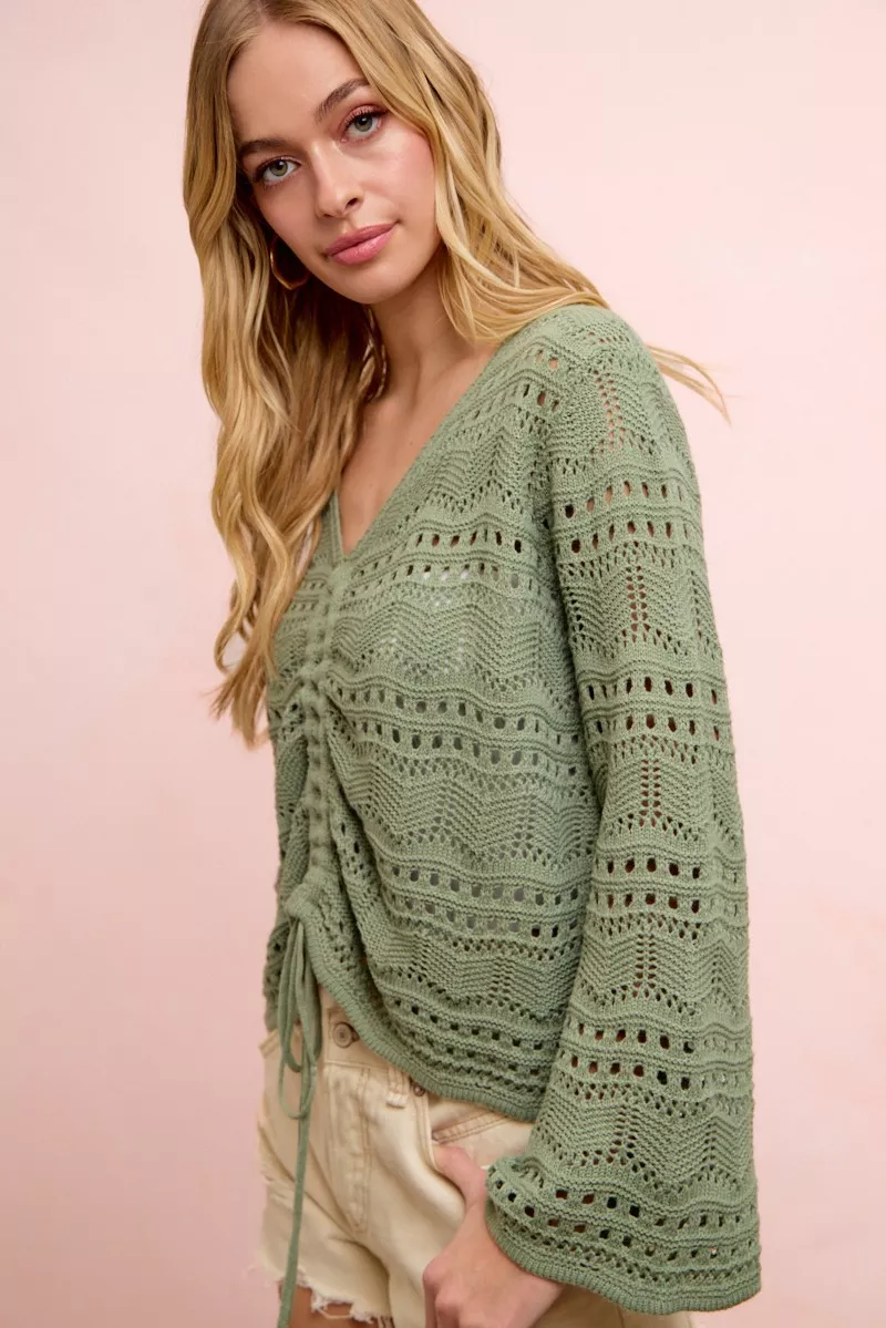 BiBi Pointelle Knit V Neck Ruched Front Lightweight Top - Image 10