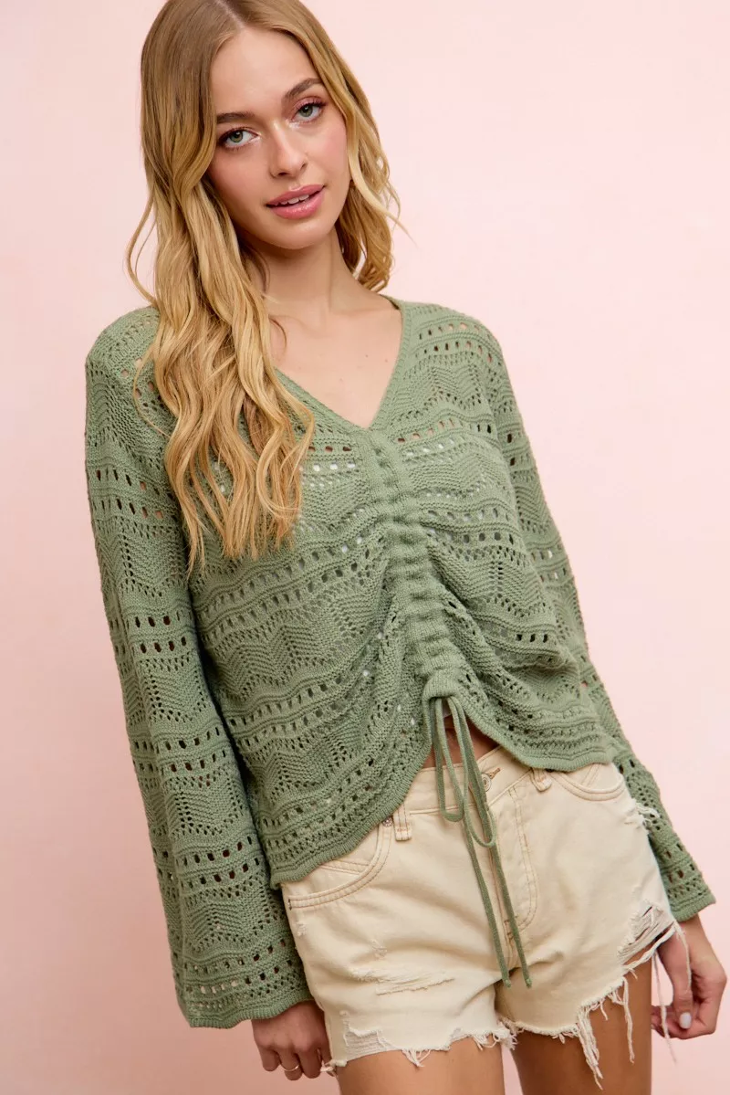 BiBi Pointelle Knit V Neck Ruched Front Lightweight Top - Image 11