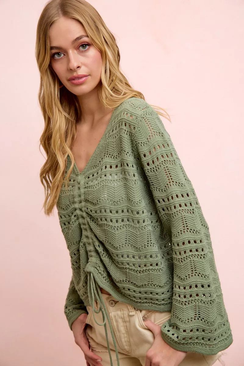 BiBi Pointelle Knit V Neck Ruched Front Lightweight Top - Image 12