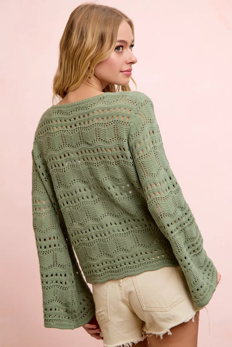 BiBi Pointelle Knit V Neck Ruched Front Lightweight Top - Image 13