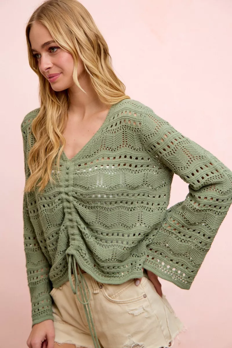 BiBi Pointelle Knit V Neck Ruched Front Lightweight Top - Image 2