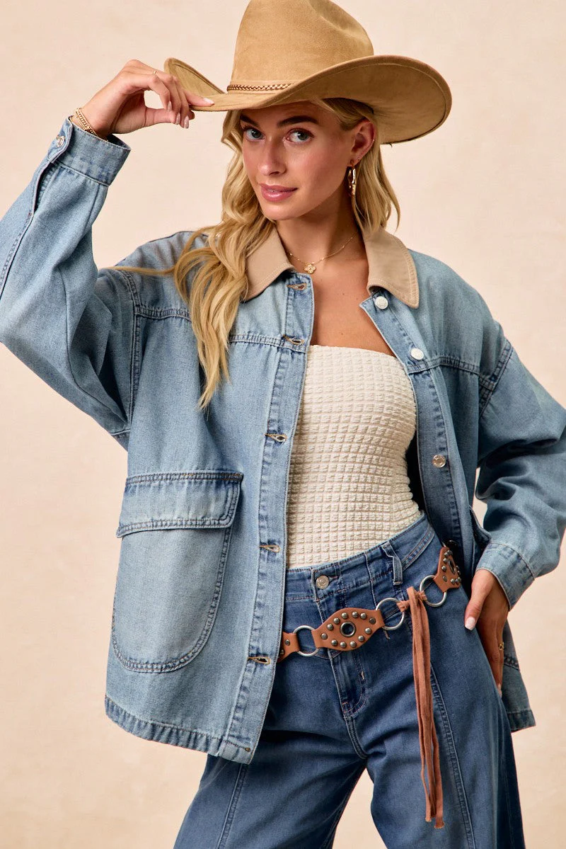 BiBi Washed Denim Contrast Collar Jacket - Image 18