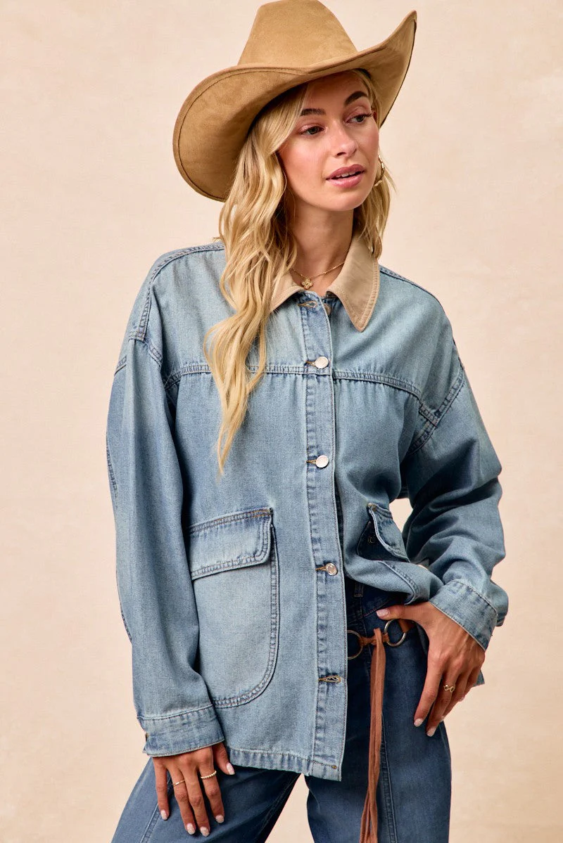BiBi Washed Denim Contrast Collar Jacket - Image 6