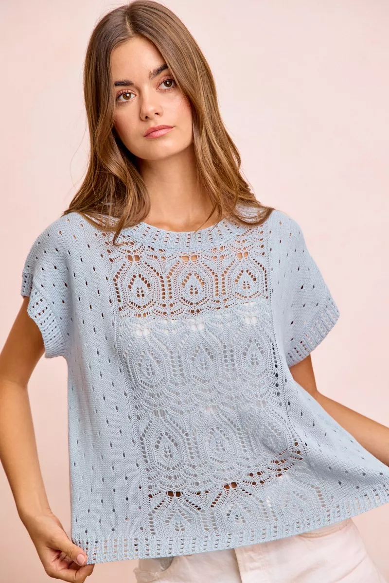 BiBi Washed Eyelet Short Sleeve Breathable Knit Top - Image 2