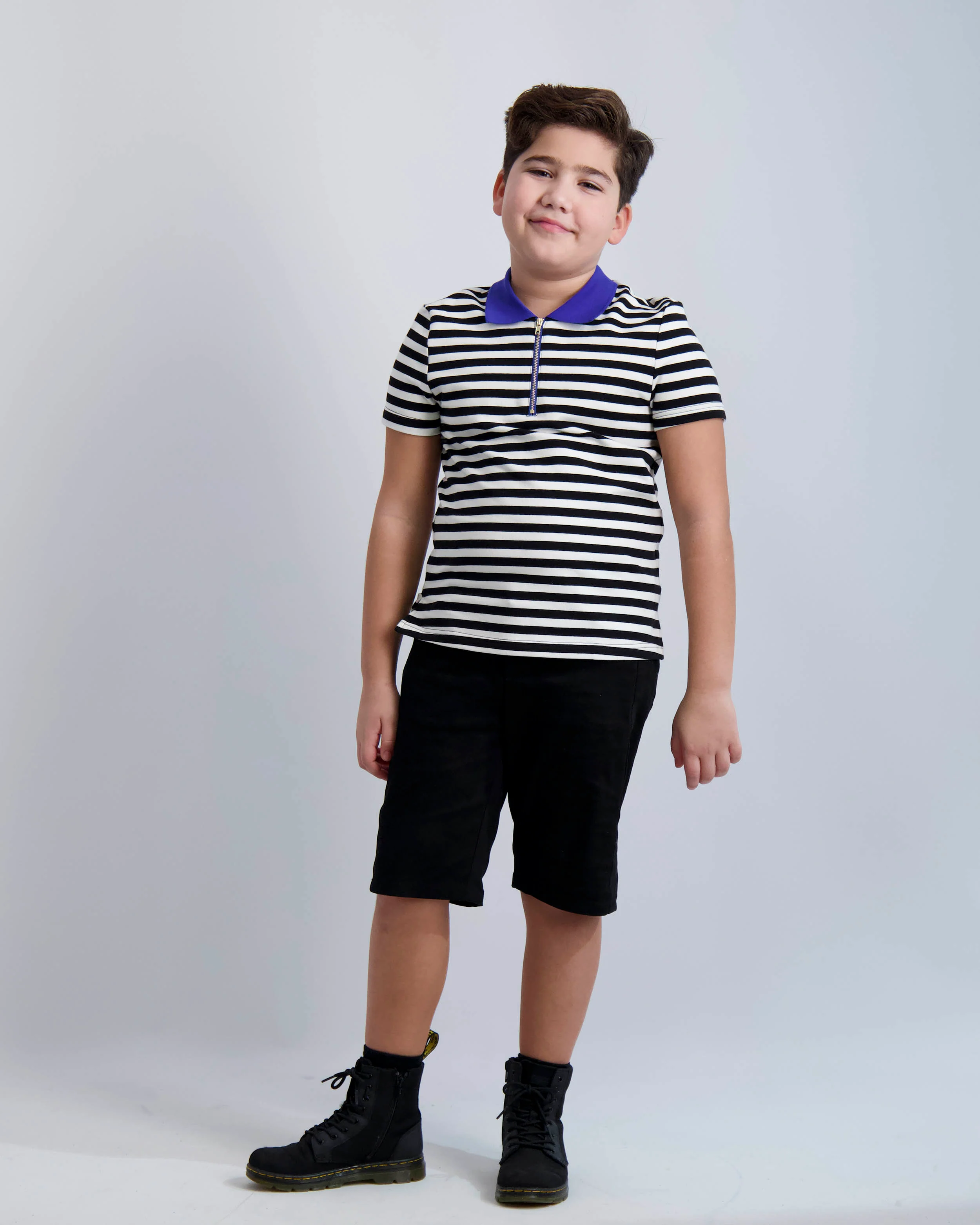 Black and White Striped Zipper Polo With Cobalt Collar - Image 2